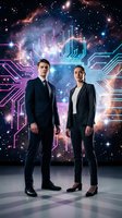 Professional business team standing against futuristic digital technology background with circuit patterns and cosmic nebula for corporate presentations.