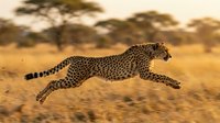 Spotted leopard sprinting across arid savanna landscape with sparse vegetation and golden terrain during daytime wildlife photography.