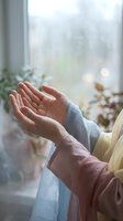 Hands cupped together in prayer or meditation gesture by window with soft natural light and houseplants creating peaceful spiritual atmosphere.