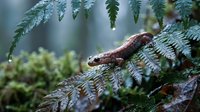 Small brown salamander resting on green fern fronds in misty forest environment with soft natural lighting and shallow depth of field.