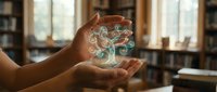 Hands protecting glowing digital brain with neural network connections in modern office environment representing artificial intelligence and innovation.
