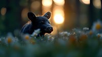 Young black bear cub peeking through wildflowers at sunset, backlit by golden bokeh lights creating magical forest atmosphere. Wildlife photography in natural habitat.
