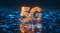 Glowing golden 5G symbol on dark blue digital surface with bokeh effect, representing modern wireless technology and digital communication network.
