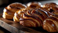 Fresh baked golden croissants with flaky layers and glossy surface on dark background, close up view showing buttery texture and delicate pastry details.