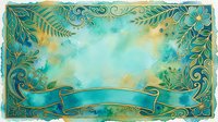 Ornamental floral frame with turquoise watercolor background and decorative banner, isolated on transparent background for design projects, invitations, and digital artwork.