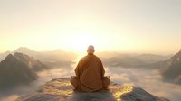 Buddhist monk meditating on mountain peak at sunrise, sitting in lotus position above clouds and misty valleys, wearing traditional orange robe, back view.