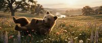 Curious bear cub exploring wildflower meadow at golden hour with river landscape backdrop. Wildlife scene suitable for nature editorial, children's content, and environmental campaigns.