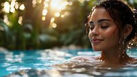 Young Hispanic woman relaxing in swimming pool at sunset with bokeh lights and water drops, eyes closed with peaceful expression, wellness and spa concept.