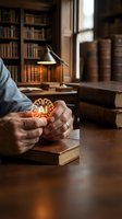 Elderly hands holding glowing ornate medallion in vintage library with antique books and warm desk lamp lighting creating mystical scholarly atmosphere.