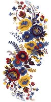 Elegant floral composition featuring navy blue, yellow and burgundy blooms on white background. Perfect for textile design, wedding stationery, and decorative patterns.