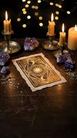 Mystical tarot card reading setup with burning candles, amethyst crystals and golden bokeh lights creating atmospheric fortune telling scene.