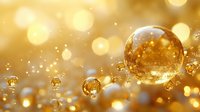 Golden water drops with bokeh light effects create magical atmosphere against blurred background, macro photography showing surface tension and reflection.
