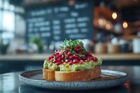 Avocado toast topped with fresh pomegranate seeds and microgreens on rustic sourdough bread, served on gray ceramic plate in trendy cafe setting.