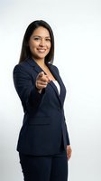 Confident Hispanic businesswoman in navy suit pointing at camera with smile isolated on white background for professional marketing materials.