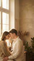 Young couple sharing intimate moment in warm sunlit room with soft golden light streaming through window creating romantic atmosphere for relationship content.