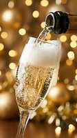 Champagne pouring into flute glass with sparkling bubbles against warm golden bokeh lights, perfect for celebration, party, and festive event marketing materials.