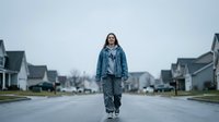 Woman in denim jacket walking down suburban residential street on overcast day, suitable for lifestyle and community themes.