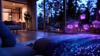 Futuristic smart home concept with glowing purple holographic house icons floating above sofa in modern living room interior at night with forest view.