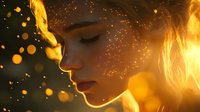 Young woman profile silhouette with glowing golden bokeh lights and magical sparkles against dark background creating dreamy atmospheric portrait.