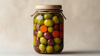 Mixed colorful olives preserved in glass mason jar with rustic twine on neutral background, food preservation concept for Mediterranean cuisine and cooking.