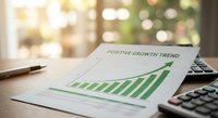 Business growth chart with green upward trending bars showing positive financial progress on desk with calculator and pen for corporate analysis.