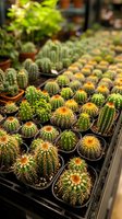 Rows of small potted barrel cactus and succulents in nursery containers, showing variety of spiny desert plants with golden crowns. Suitable for gardening and botanical themes.