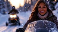 Woman with long brown hair and warm smile wearing winter hat and scarf enjoys snowy outdoor adventure with snowmobile in background.