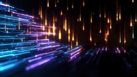 Glowing neon light streaks and falling golden particles create dynamic motion effect against dark background, abstract futuristic technology concept for digital design.