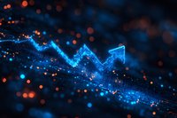 Upward trending arrow made of glowing blue particles and digital lines on dark background with bokeh lights, representing financial growth, stock market success, and business analytics for presentations.