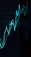 Glowing neon upward trending lines with cyan and green colors on dark background showing financial growth, stock market gains, and business success metrics for investment presentations.