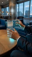 Businessman using transparent holographic tablet in modern office with city skyline view for futuristic technology and digital innovation concepts.