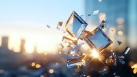 Shattered glass fragments exploding with bright light burst against blurred urban sunset skyline, creating dramatic motion effect with flying shards and golden glow.