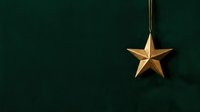 Golden star ornament hanging from string against deep emerald green background, suitable for holiday decorations, festive designs, and seasonal marketing materials.