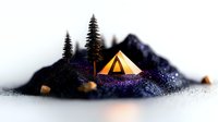 Glowing yellow tent on dark mountain landscape with evergreen trees, illuminated against starry night sky background creating magical camping atmosphere.