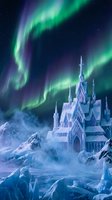 Magical ice castle with aurora borealis dancing overhead in starry night sky. Fantasy winter palace surrounded by frozen mountains and glacial landscape.