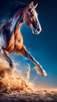 Powerful chestnut horse galloping through sand with dramatic lighting against blue sky. Dynamic motion with flying dust particles creates energetic equestrian scene.