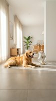 Golden retriever dog lying on cool tile floor next to electric fan in bright modern living room during hot summer day for temperature control and comfort.