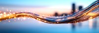 Abstract glowing wave with golden light particles flowing against blurred urban cityscape background in blue and pink sunset colors. Modern design element.