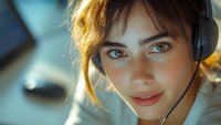 Young Caucasian woman with blue eyes wearing headset and smiling, backlit by warm sunlight. Close-up portrait showing friendly customer service representative.
