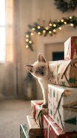 Siamese kitten peeking from wrapped holiday gifts with festive garland and warm lights in cozy home setting, perfect for seasonal greeting cards and holiday marketing materials.