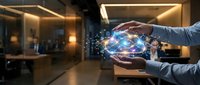 Businessman hands holding glowing digital network sphere with connected dots in modern office environment representing global connectivity and technology.