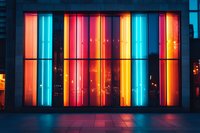 Vibrant multicolored neon lights illuminate modern building facade at night creating dramatic urban atmosphere with vertical stripes in turquoise, orange and yellow glow.