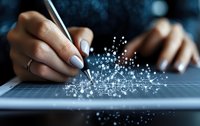 Female hands with manicured nails using digital pen on tablet screen with glowing network visualization effect, representing digital art and technology innovation.