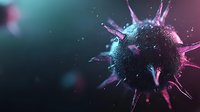 Microscopic virus cell with spiky protein surface in purple and teal colors against dark background for medical education and scientific research presentations.