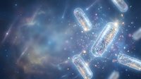 Glowing bacteria cells with luminescent structures floating in deep blue space environment with sparkling particles and light effects for scientific research and medical education.