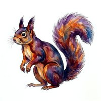 Colorful squirrel with vibrant orange, purple, and blue fur isolated on white background, perfect for wildlife design, children's illustrations, and nature-themed projects.