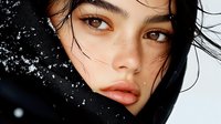 Close up portrait of young Asian woman with wet black hair and natural makeup against dark background with water drops and dramatic lighting effect.