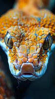Extreme close-up macro photograph of orange and yellow snake head with detailed scales and piercing eyes against dark background, showcasing intricate reptilian textures.