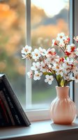 Delicate white cherry blossoms in pink ceramic vase on windowsill with books, soft natural lighting creates peaceful spring atmosphere for home decor.