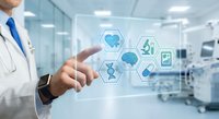 Male doctor touching digital healthcare icons in modern medical facility with futuristic technology interface for telemedicine and smart hospital solutions.
